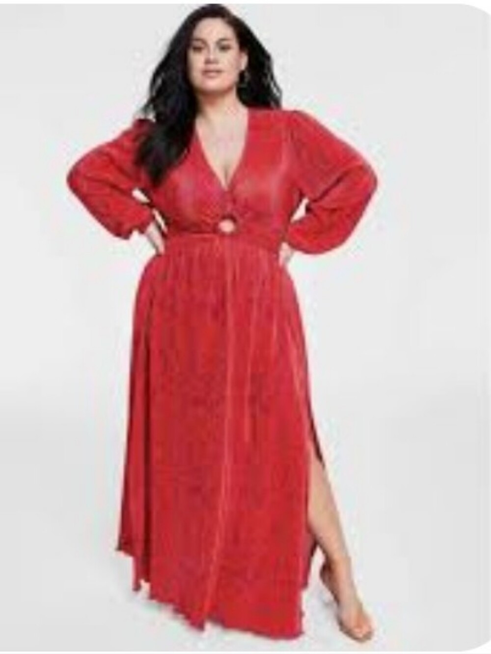 Nina Red Swirl-Print Long Sleeve Maxi Dress with Center Ring